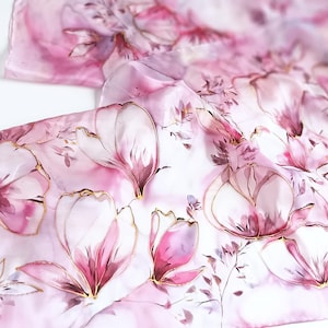 Hand-Painted Magnolia Pure Silk Scarf: Spring Floral Natural Mulberry Silk Art Shawl
