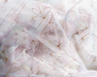 Lace Pure Silk Scarf / Hand-painted Chiffon Silk Art / 100% Silk / Bridal wear / Silver Pastel Hues