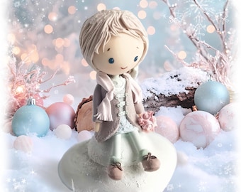 Boy Decoration / Cute Handmade Figurine Decor on Stone Heart / Cold Porcelain Fairy tale Creation / Winter Wonderland Enchanted Art Doll