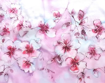 Japanese Cherry Blossoms Pure Silk Scarf / Hand-painted 100% Silk Floral Art / Feminie Handmade Sakura Fashion