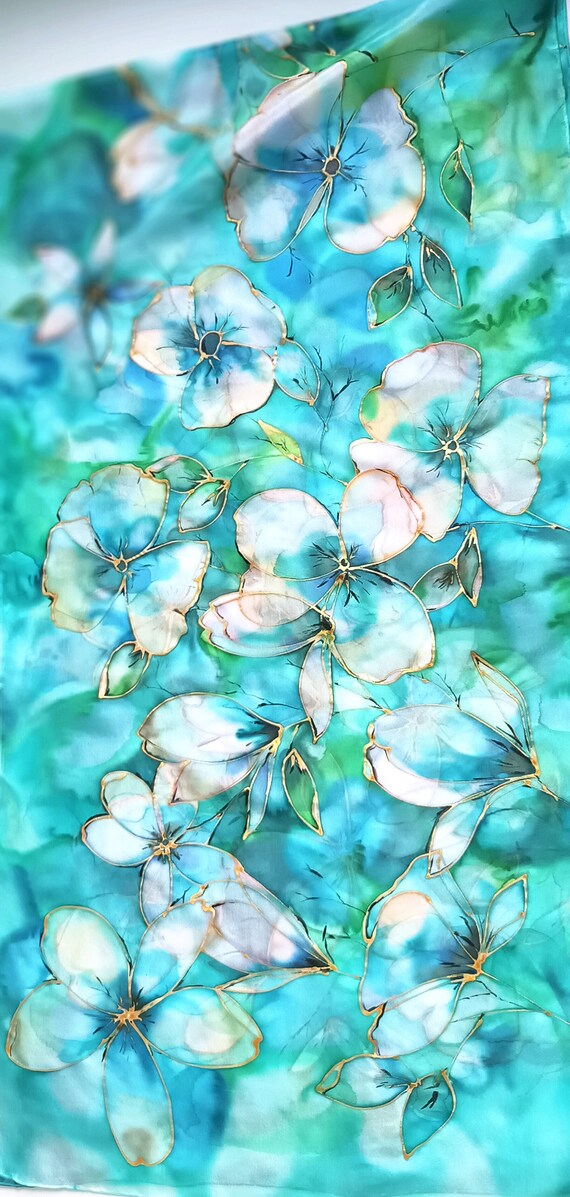 インド製 花鳥柄シルクスカーフ ターコイズ ターコイズシルクスカーフ