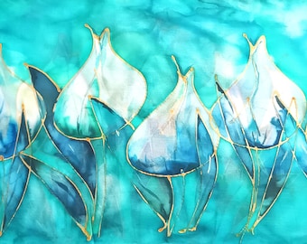 Hand-Painted Turquoise Tulip Pure Silk Scarf: Golden Floral Unique Art Shawl