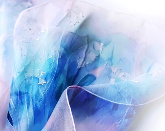 Lily of the Valley Hand-painted Pure Silk Scarf / Chiffon Art Wear / 100% Silk Aqua Dream / Spring Floral Dream / Waterfall Fantasy Art