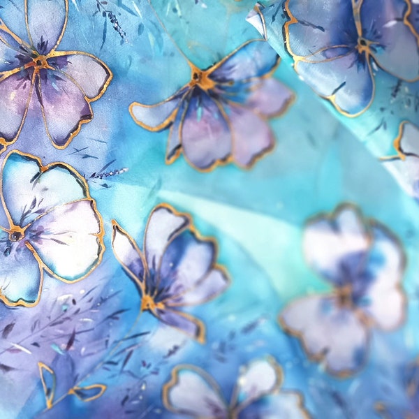 Bufanda de seda 100% brisa de verano / Arte de seda pura pintado a mano / Mantel floral de lavanda natural de seda de morera