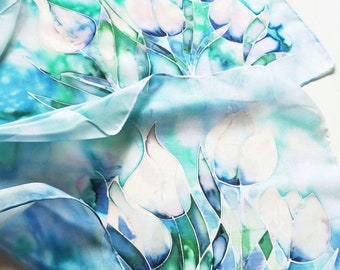 Rainy Tulip Garden 100% Silk Scarf / Hand-painted Pure Silk Art Shawl / Original Floral Art