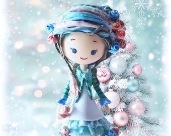 Girl on Heart / Cute Doll Decoration / Handmade Figurine Decor / Cold Porcelain Fairytale Creation / Blueberry Enchanted Art Doll