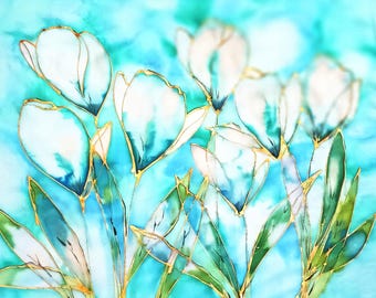 Spring Lilies Pure Silk Art Scarf / Hand-painted 100% Silk / Turquoise sea colored Nature Fantasy Table Cloth / Gift for Girl