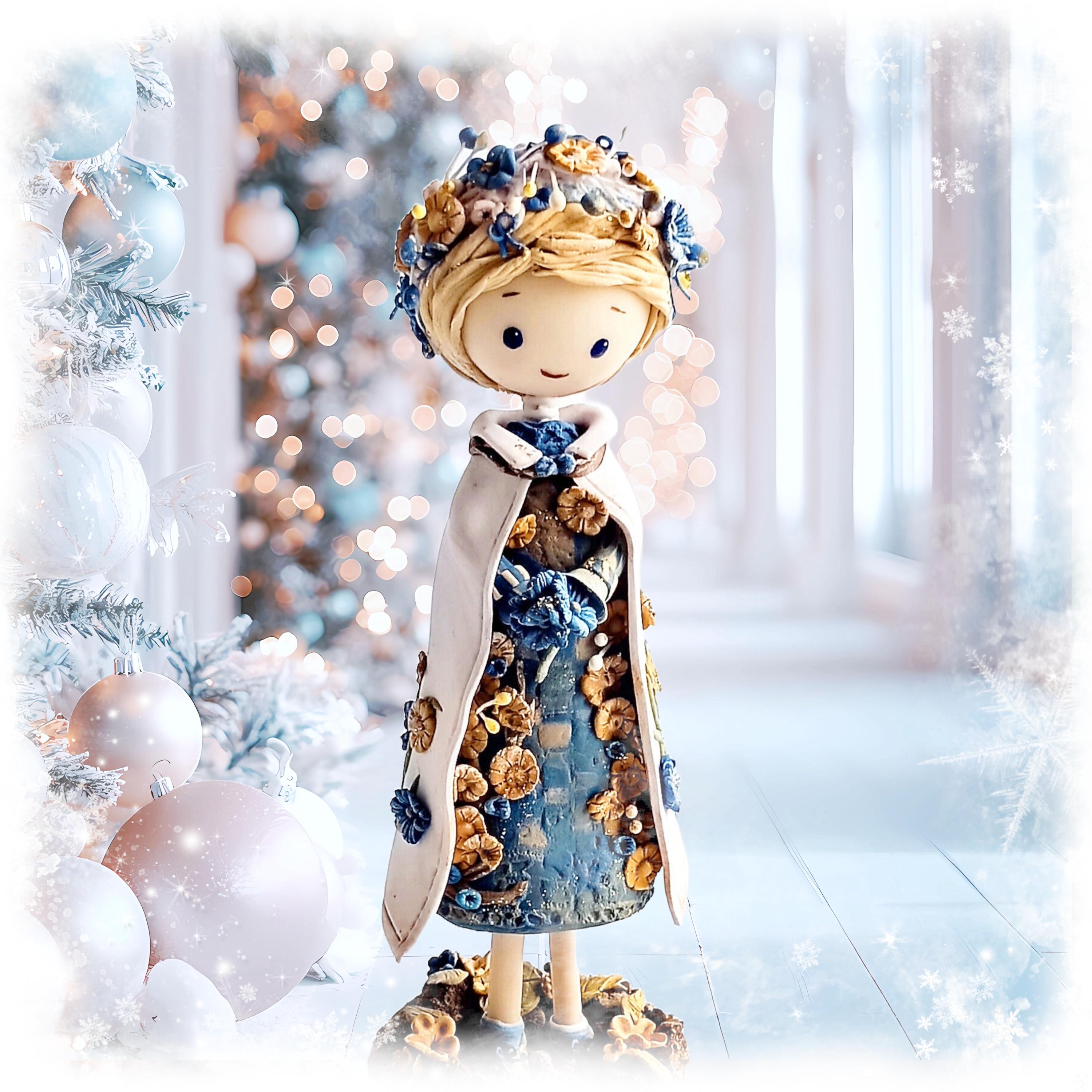 Little Prince Art Doll / Handmade Clay Boy Figure / Unique Child Statue Room Decoration / Floral embroidery design