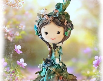 Forest Fairy Art Doll with birds / Handmade Fairy tale Decor / Enchanted Clay Figurine / Whimsical elf luck charm gift