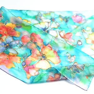 Hand-Painted Pure Silk Scarf: Hawaii Blossoms, Rainbow Garden Natural Mulberry Silk Art Shawl