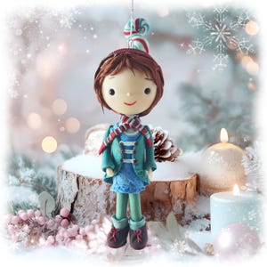 Winter Boy Decor / Air Dry Clay Art Girl / Handmade Cute Elf Figurine / Cold Porcelain Xmas Tree Gift