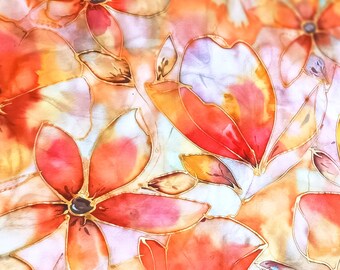 Sunset Pure Silk Scarf / 100% Silk / Hand-painted Exotic Blossom Art Shawl / Watercolor Style Magnolia Fashion