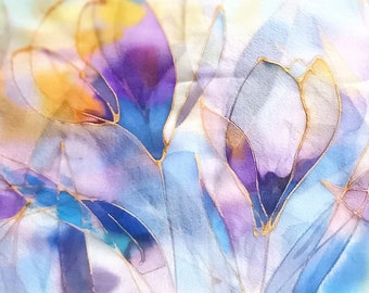 Golden Flowers Silk Scarf / Hand-painted 100% Silk / Floral Art / Purple Blossoms Summer Garden Fantasy Shawl