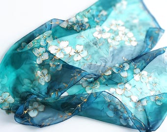 Orchids Luxury Art Scarf / Hand-painted Pure Silk Shawl / 100% Gauze Silk Floral Fashion / Ocean Colored Night Queen Accessory