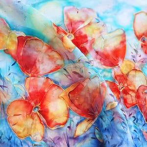 Hand-Painted Poppy Pure Silk Scarf: Intense Colored Floral Watercolor Shawl