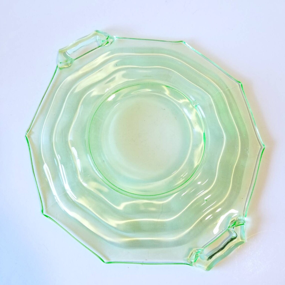 Green Glass Handled Serving Platter Etsy