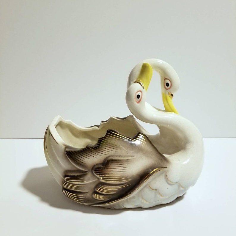 White Off White Color with Gold Cream Ceramic Double Swan Planter Vase Pair of Swans