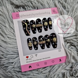 Clearance / Black Gold & Pearl / Size S-M / Press on Nails / 