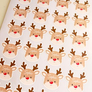 May include: A sheet of circular stickers featuring a cartoon reindeer face with brown antlers, a red nose, and the name Sophie written in white cursive script across the forehead of each individual reindeer illustration.