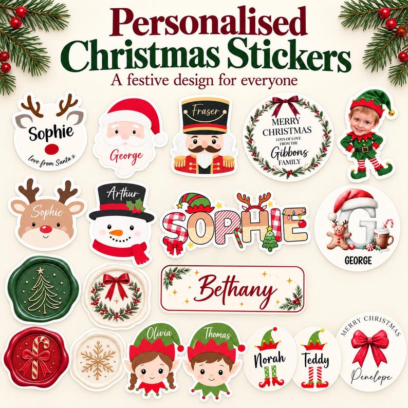 May include: A collection of personalized Christmas stickers featuring various holiday designs including Santa Claus, reindeer, nutcrackers, elves, snowmen, wax seals, and wreaths with names like Sophie, George, and Bethany.