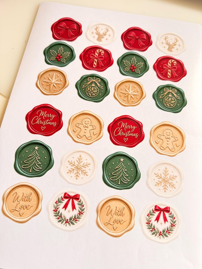 May include: A collection of circular wax seals in red, green, gold, and white, featuring embossed holiday designs including bows, holly, candy canes, stars, ornaments, gingerbread men, Merry Christmas text, trees, snowflakes, and wreaths.