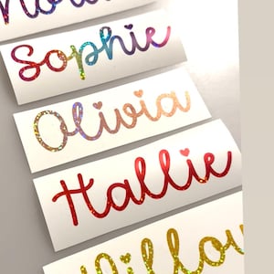 May include: Close-up of several white rectangular stickers with names in holographic vinyl. Names include Belle, Norah, Sophie, Olivia, Hallie, and Willow. The text "New Sparkle Holographic Vinyl" is also visible.