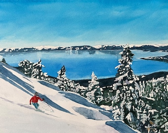 Lake Tahoe Winter Art-Lake Tahoe Winter Watercolor-Lake Tahoe Winter Print-Lake Tahoe with Snow Print