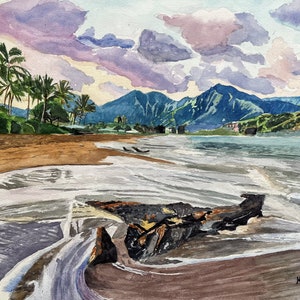 Hawaii Beach Sunset Watercolor-Hanalei Bay Sunset Beach-Kauai Beach Watercolor Painting