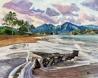 Hawaii Beach Sunset Watercolor-Hanalei Bay Sunset Beach-Kauai Beach Watercolor Painting