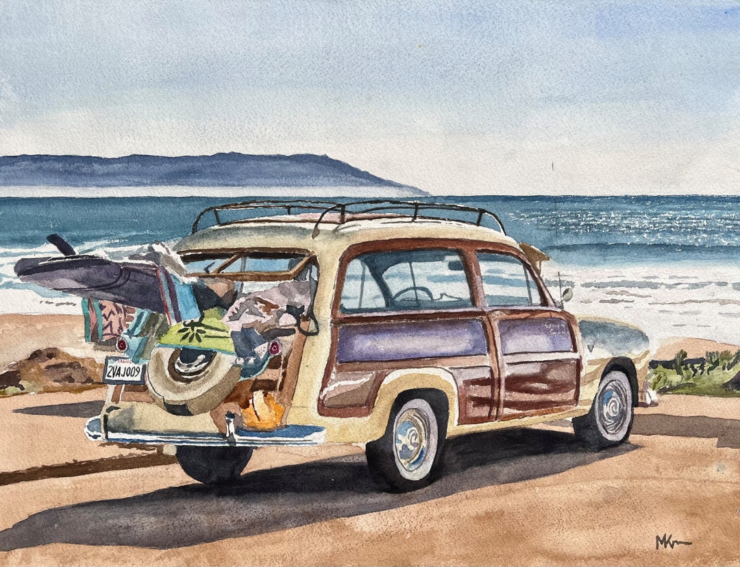 絵画　ハワイアン　wagon Surfer Beach Scene Watercolor-woody at the Beach Paintingt-woody