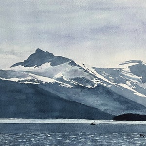 Alaska Fjords Watercolor Print-Alaska Mountains Watercolor-Alaska Fishing Boat With Mountains Print