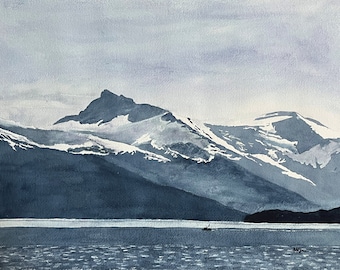 May include: A watercolor painting of a mountain range with snow-capped peaks and a small boat in the foreground. The sky is a light blue and the water is a dark blue.