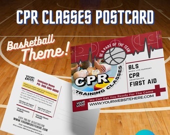 CPR-briefkaartsjabloon: basketbalthema 4,5x5 marketingbriefkaartsjabloon, Canva-sjabloon, Canva-briefkaart, CPR-trainingsbriefkaart