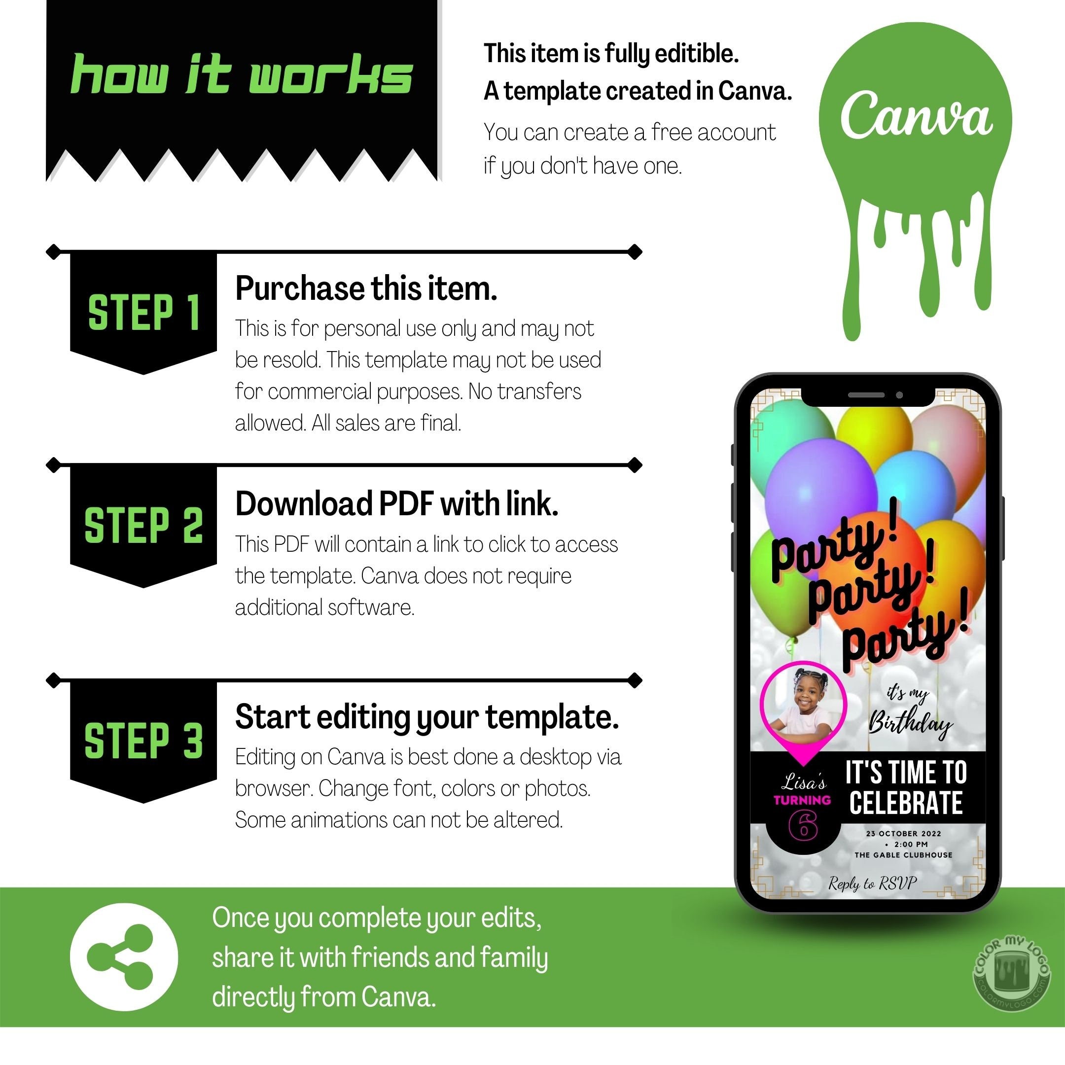 Birthday Invitation, Einvite, Digital Party Einvite, Einvite Canva