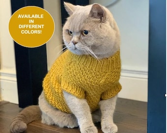 May include: A gray cat wearing a yellow knitted sweater. The sweater has a cable knit pattern. The cat is sitting on a wooden floor. The text "AVAILABLE IN DIFFERENT COLORS!" is in a yellow circle in the upper left corner of the image.