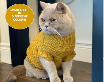 Puede incluir: Un gato gris con un suéter de punto amarillo. El suéter tiene un patrón de punto de cable. El gato está sentado en un suelo de madera. El texto "AVAILABLE IN DIFFERENT COLORS!" está en un círculo amarillo en la esquina superior izquierda de la imagen.