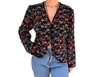 Elegant Zeitlos: Vintage Black Floral Chenille-ähnlicher Gobelin Blazer