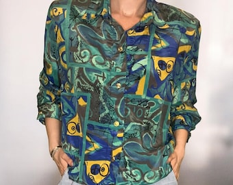 Vintage abstrakt grön blus med axelvadd för kvinnor