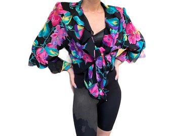 Elegant Vintage Black and Pink Floral Shirt with Sheer Ruffled Details