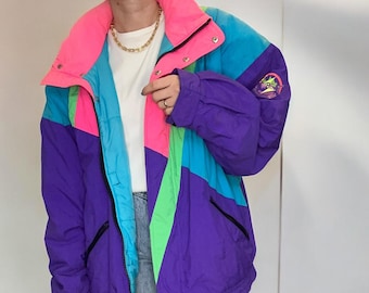 Vintage Fila Bomberjacke Pink Blau Lila Color Block Sport Mantel