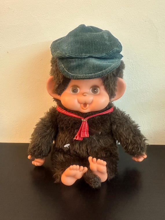 Vintage Monchhichi Style Plush Doll With Corduroy Hat – 1980s