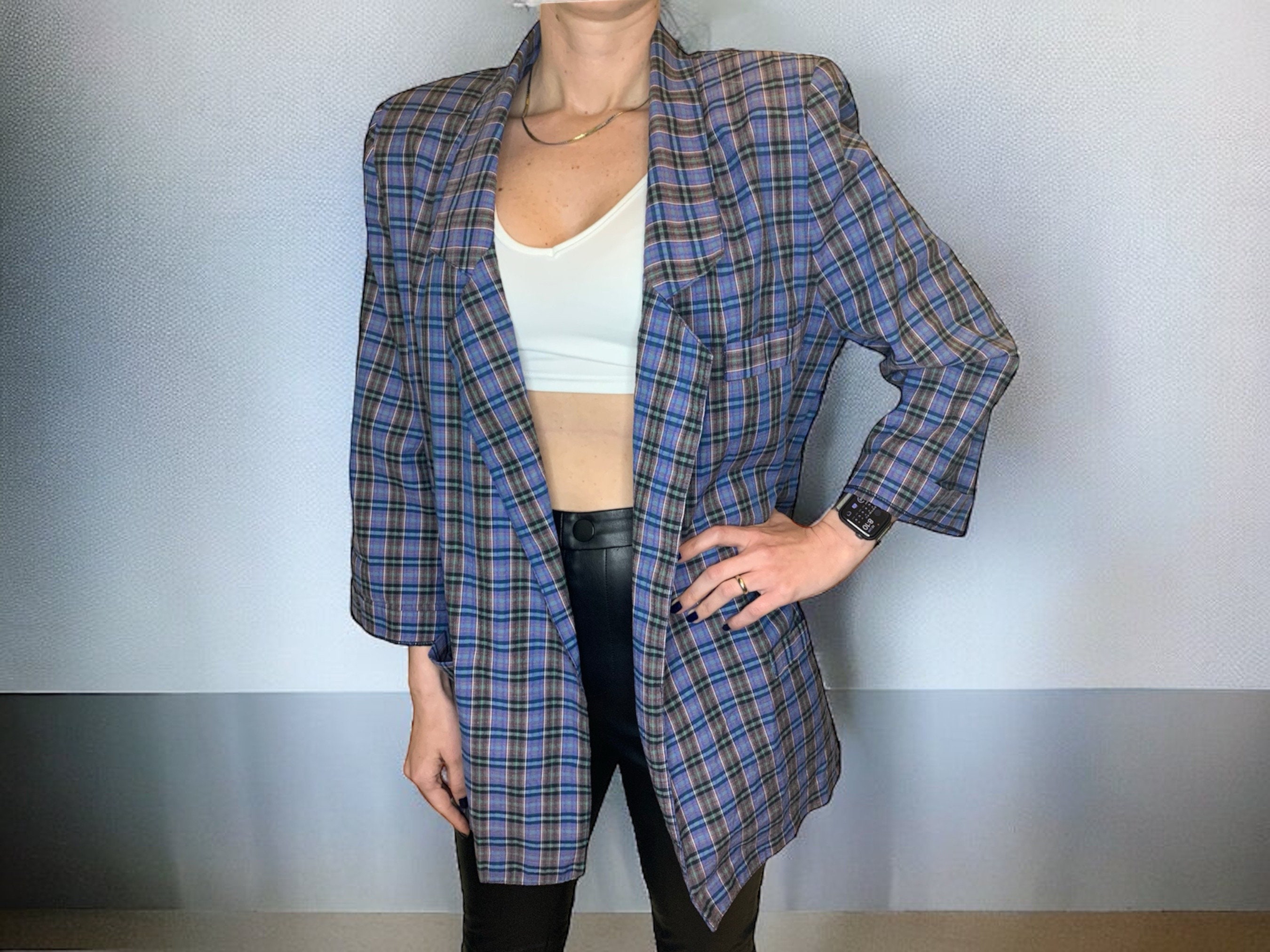 Vintage Navy Blue Plaid Oversized Blazer Jacket With 3/4 Sleeves