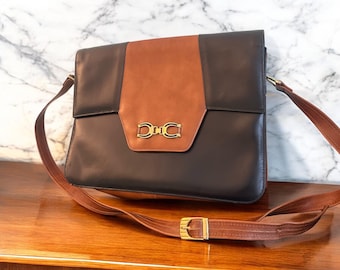 Bolso de hombro vintage de piel bicolor con detalles dorados (correa ajustable)