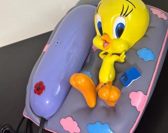 Teléfono vintage raro de Piolín, funcionando, de los años 90, teléfono de escritorio retro de dibujos animados de Looney Tunes, artículo de colección.