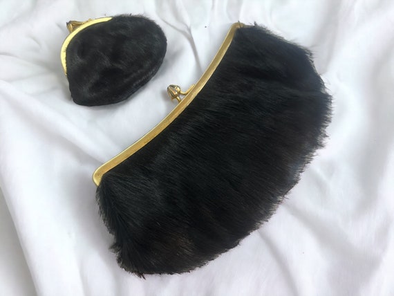 Vintage Black Fur Clutch Bag and Wallet Set - Ele… - image 1