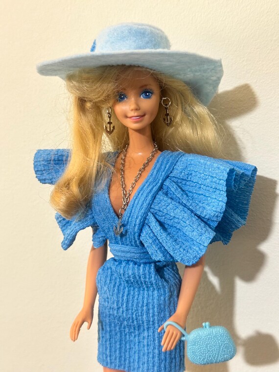 80s barbie blue dress 1960-70's Handmade Appliqud Lace & Ribbon Kaftan  Ige Design