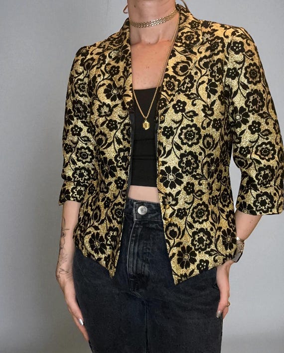 Vintage Metallic Gold & Black Floral Blazer 3/4 Sleeve Button-Up Women’s Jacket Shiny Floral 1980s Style