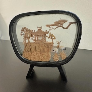 Diorama cinese d'epoca in sughero / Arte in sughero intagliata a mano / Miniatura da collezione asiatica