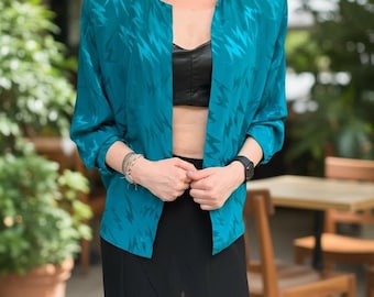 Blazer años 80 sin cierre con estampado geométrico talla pequeña mediana blusa vintage verde
