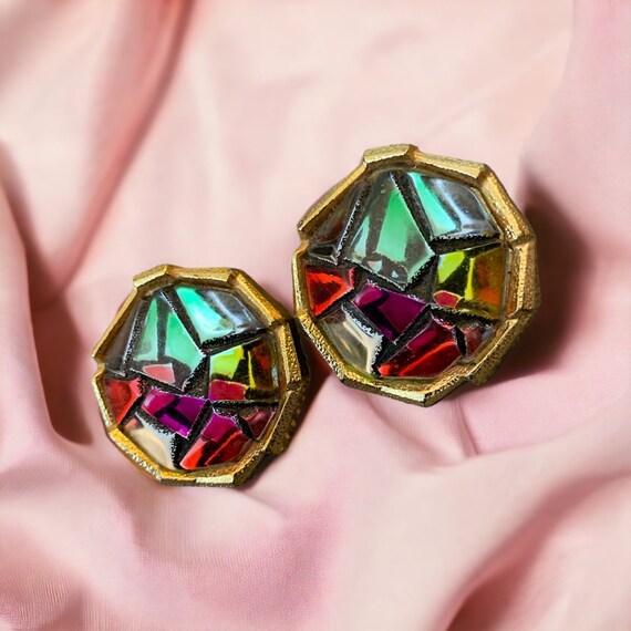 Vintage Clip-On Gold Holographic Multicolor Women… - image 2